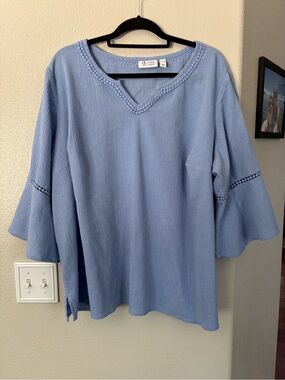 Denim & Co. Blue Textured V-Neck Tunic Blouse Bell Sleeve Plus 3X